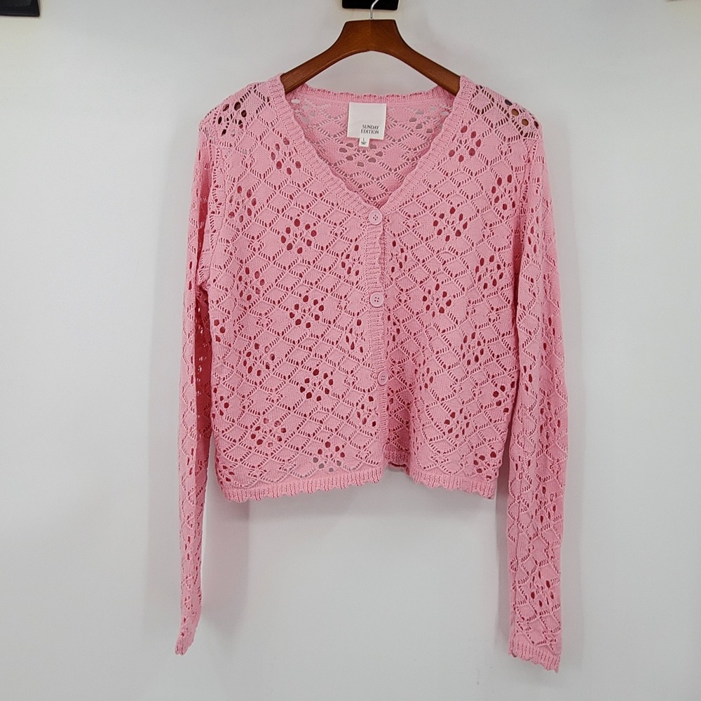 Sunday Edition Pink Pointelle Knit V-Neck Button Front Cardigan ZWJ1444 Large